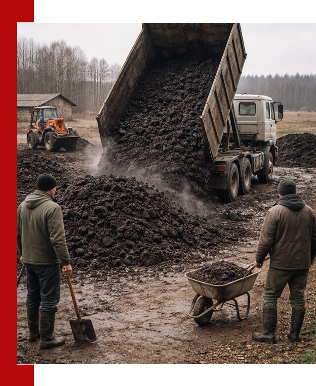 Доставка низинного торфа с разгрузкой и доставкой в Людинове